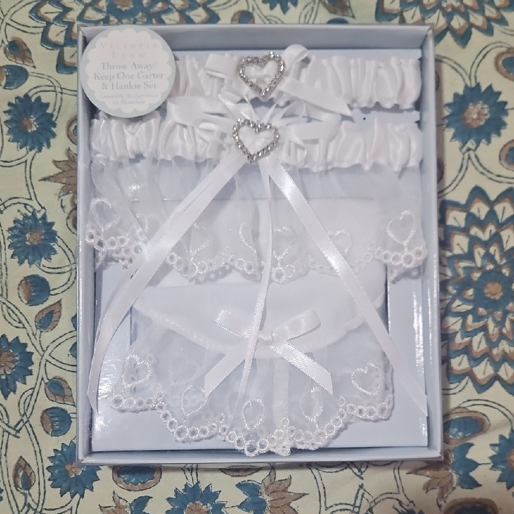 Victoria Lynn White Garter and Hankie Set